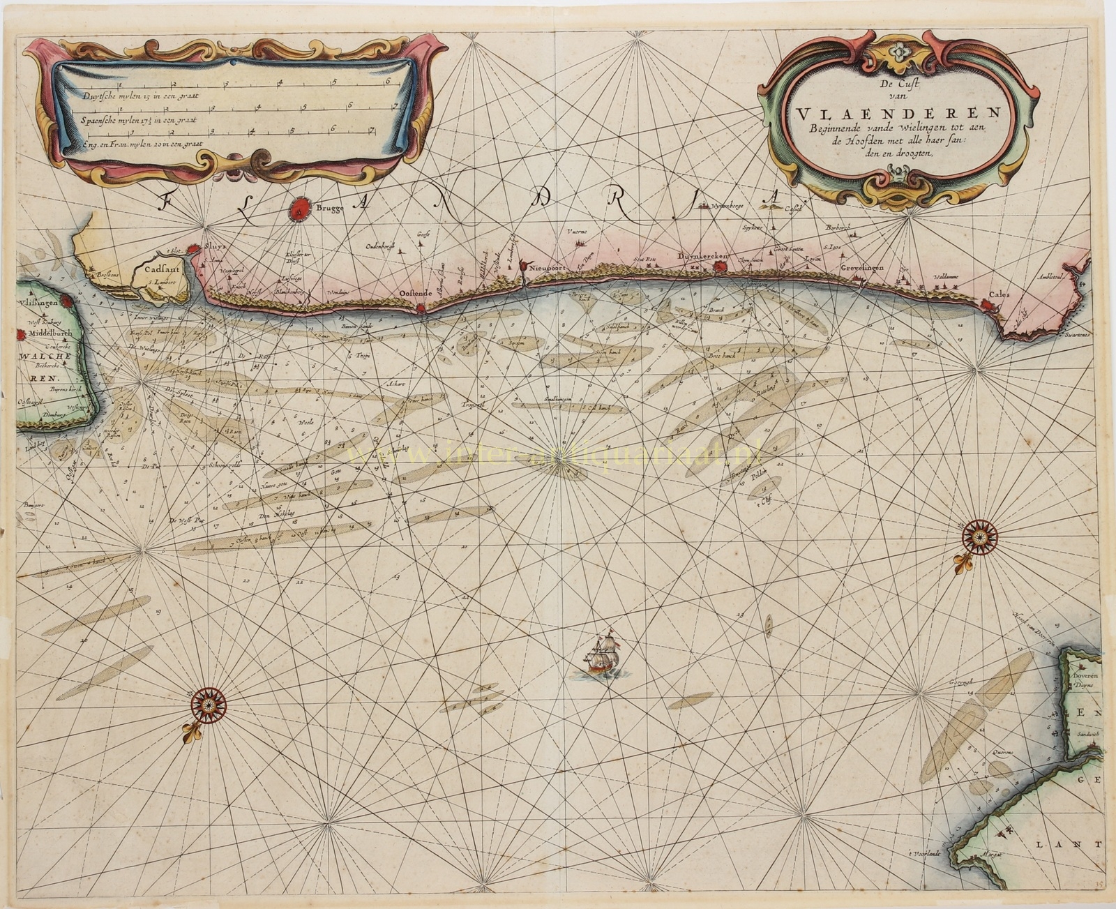 Original 17th-century sea chart of the Flemish coast from Vlissingen to Calais, published by Pieter Goos around 1665