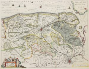 Antique map of Flanders showing Bruges, Ghent and the Flemish coast, hand-coloured copper engraving by Willem and Joan Blaeu, 1635