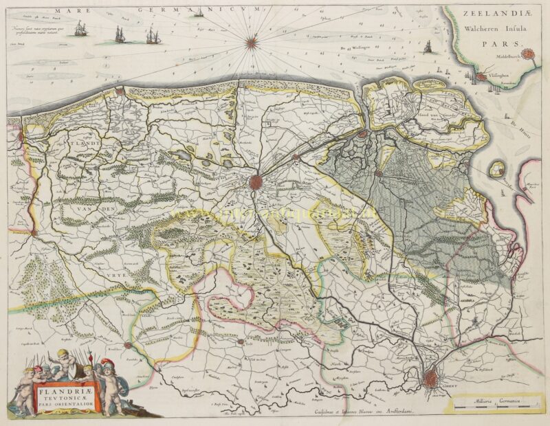 Antique map of Flanders showing Bruges, Ghent and the Flemish coast, hand-coloured copper engraving by Willem and Joan Blaeu, 1635