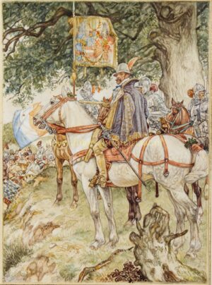 Original watercolour by J.H. Isings depicting William of Orange on horseback, ca. 1938–1939