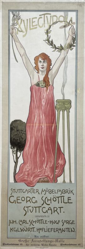 German Art Nouveau furniture poster Xylectypom by Adolf Senglaub, c. 1900, showing an allegorical woman with palm branch and laurel wreath.