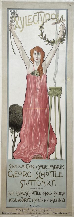 German Art Nouveau furniture poster Xylectypom by Adolf Senglaub, c. 1900, showing an allegorical woman with palm branch and laurel wreath.