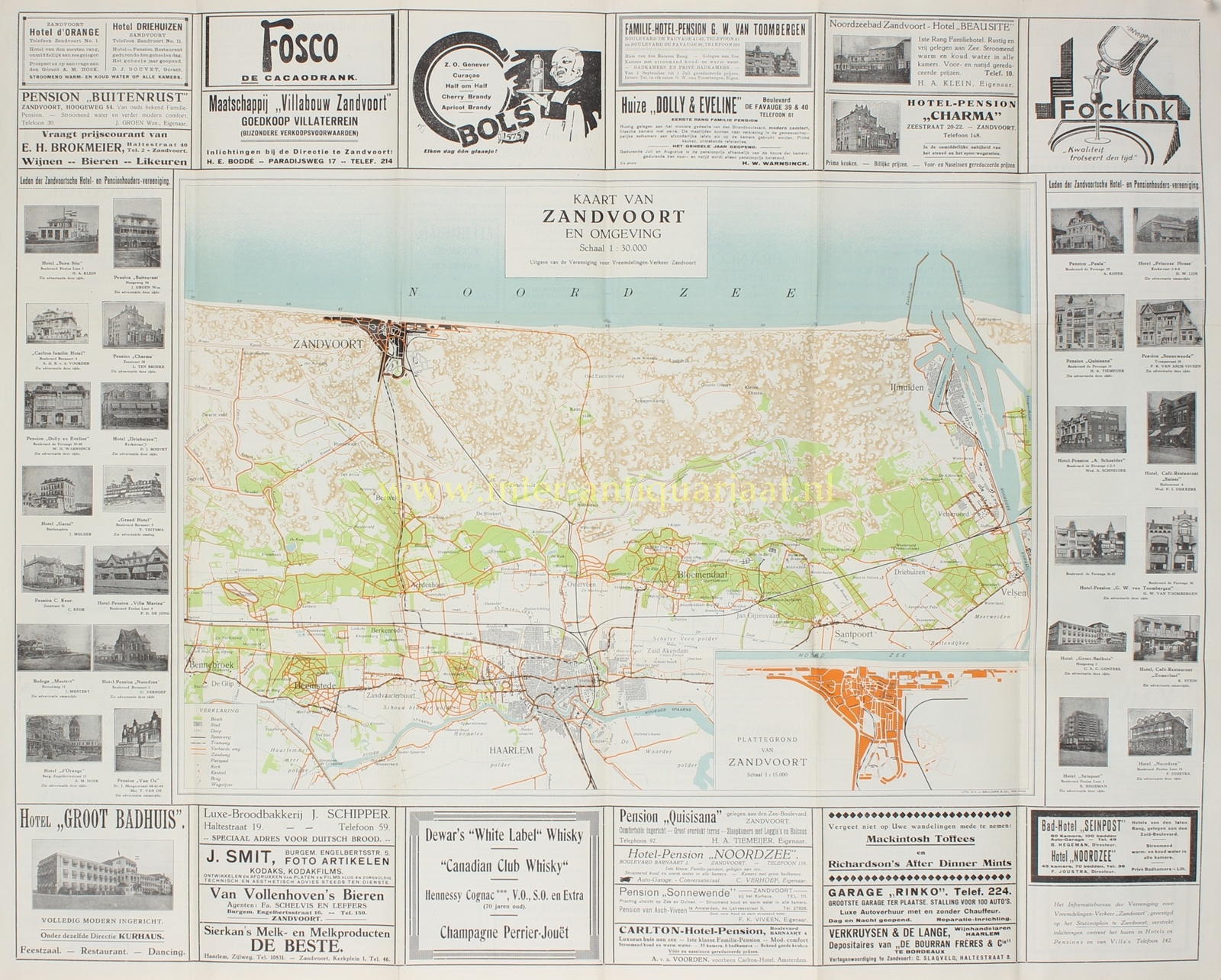 1928 map of Zandvoort and surroundings, showing the Dutch North Sea coast, dunes, Haarlem, IJmuiden and an inset town plan.