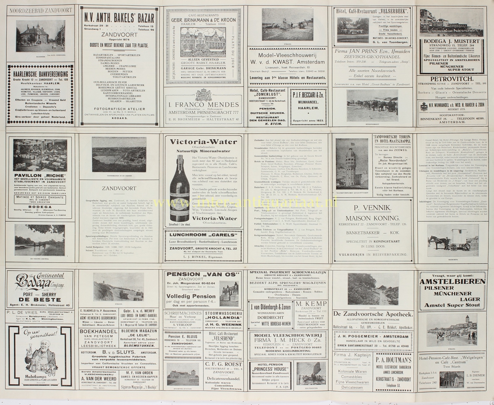 Reverse of a 1928 Zandvoort tourist map, featuring historic photographs, hotel advertisements and information about the fashionable seaside resort.