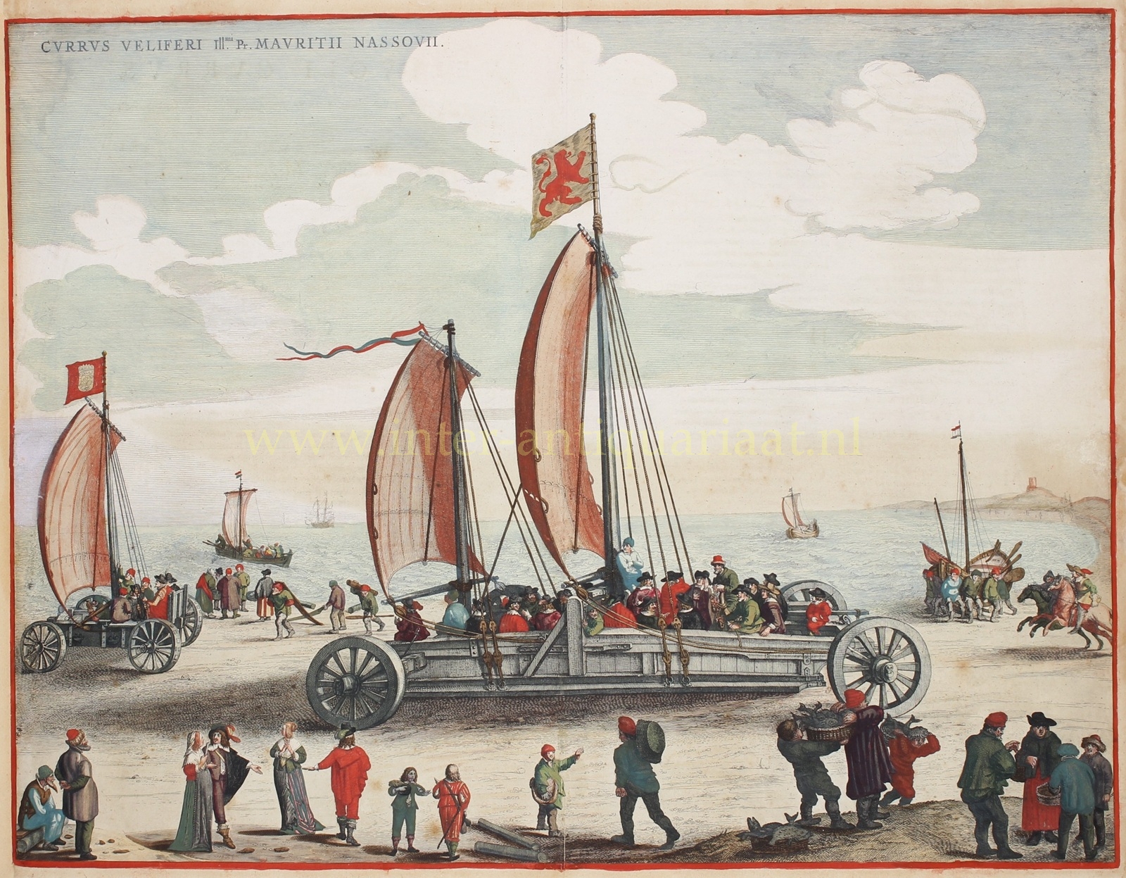 Simon Stevin sailing carriage for Prince Maurice, engraving published by Joan Blaeu in 1649