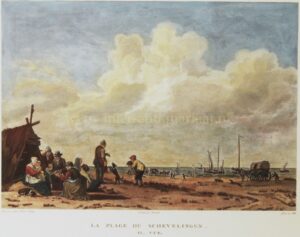 Antique Scheveningen print showing the beach with fishermen and ships.