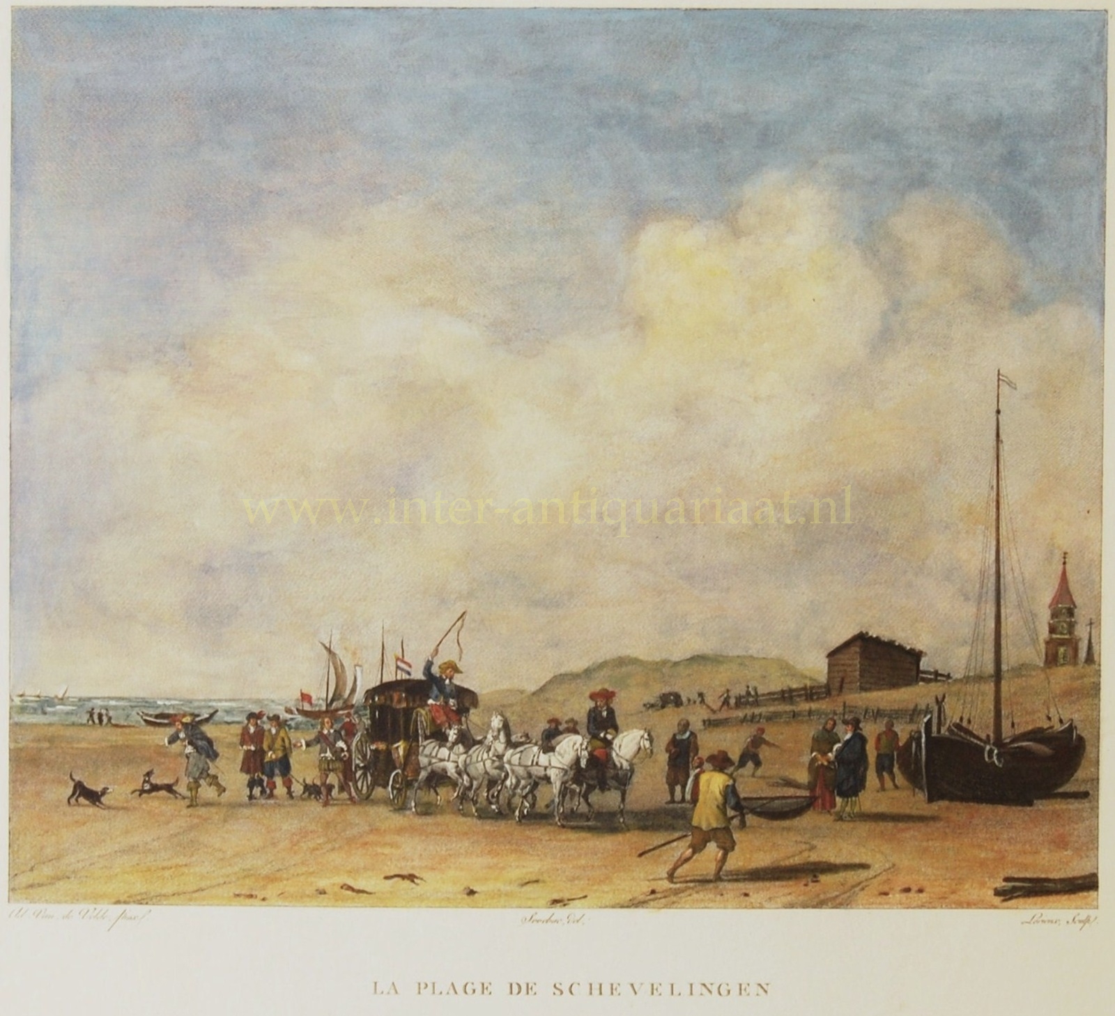 Antique Scheveningen beach engraving with six-horse carriage, fishermen and boats, 1803