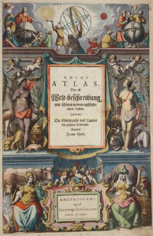 Johannes Janssonius atlas title page from the Novus Atlas, 1649, with four continents and armillary sphere