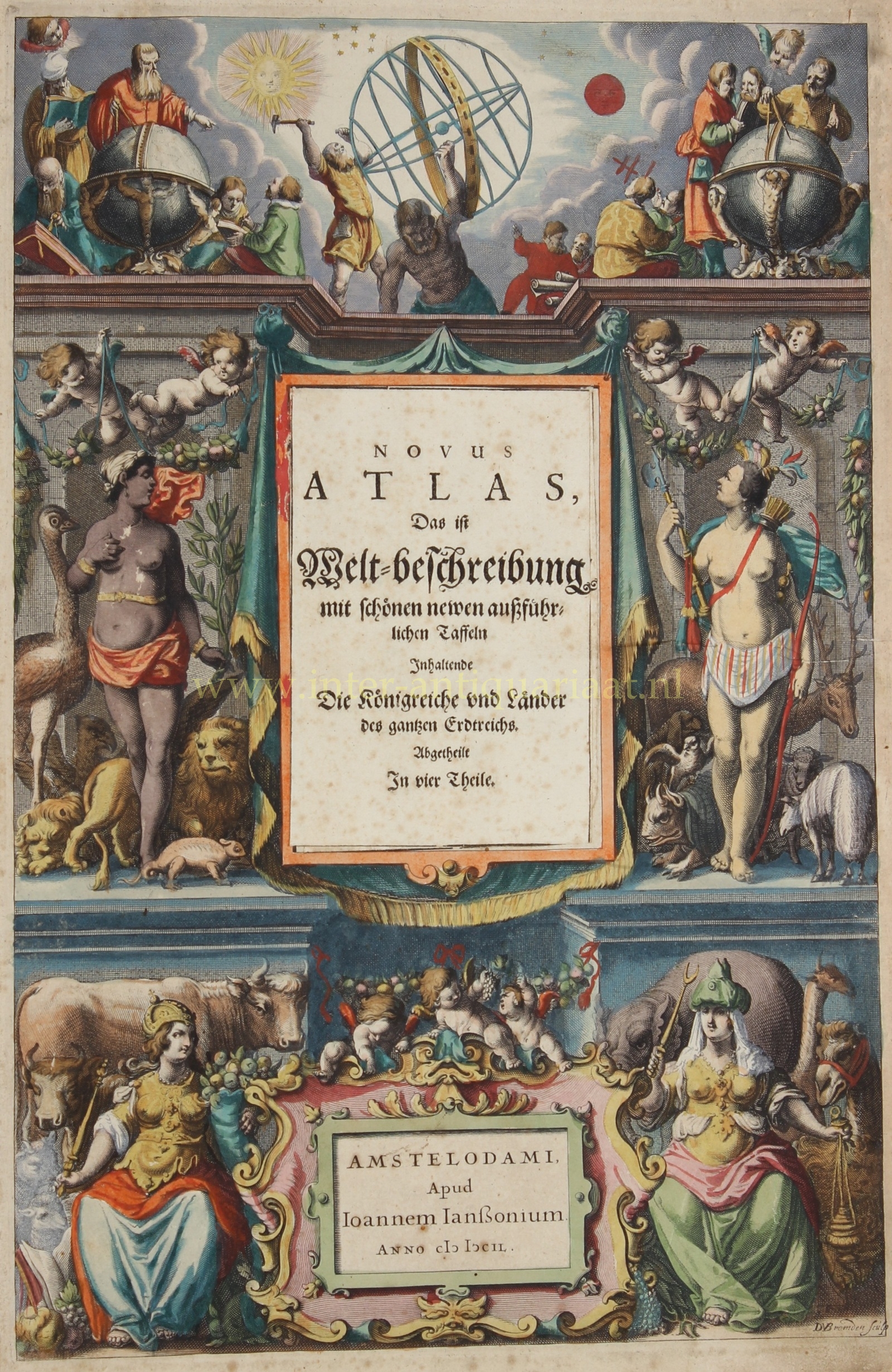 Johannes Janssonius atlas title page from the Novus Atlas, 1649, with four continents and armillary sphere