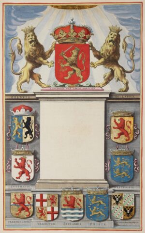 Joan Blaeu atlas title page of the Dutch Republic, 1649, hand-coloured and gold-highlighted