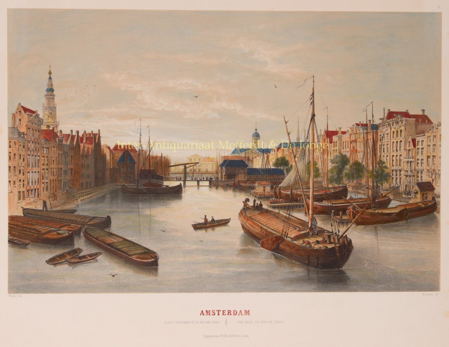 Oude Prent Damrak Amsterdam Originele Litho 19e Eeuw Geschiedenis