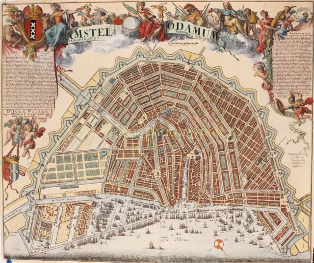 17e-eeuwse kaart van Amsterdam versierd door Romeijn de Hooghe
