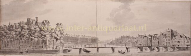 gezicht op de Halvemaansbrug over de Binnen Amstel, tekening uit ca. 1750 van de hand van Hendrik Pothoven