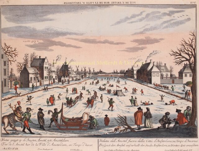 schaatsen op een bevroren rivier de Amstel 18e-eeuw
