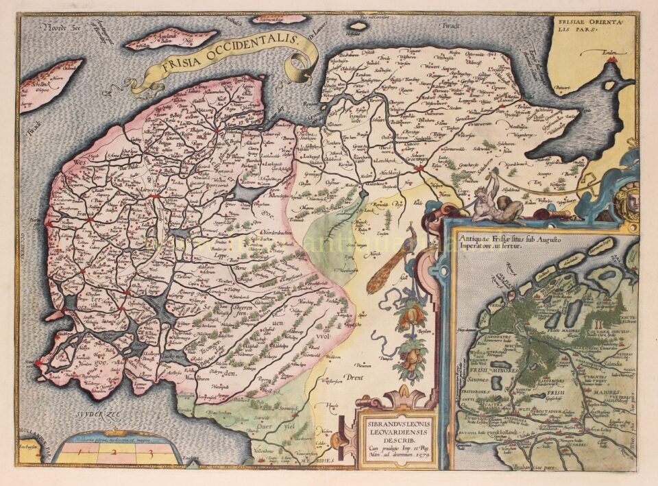 16e-eeuwse kaart van Friesland met inzetkaart van de Frisii in de Romeinse tijd