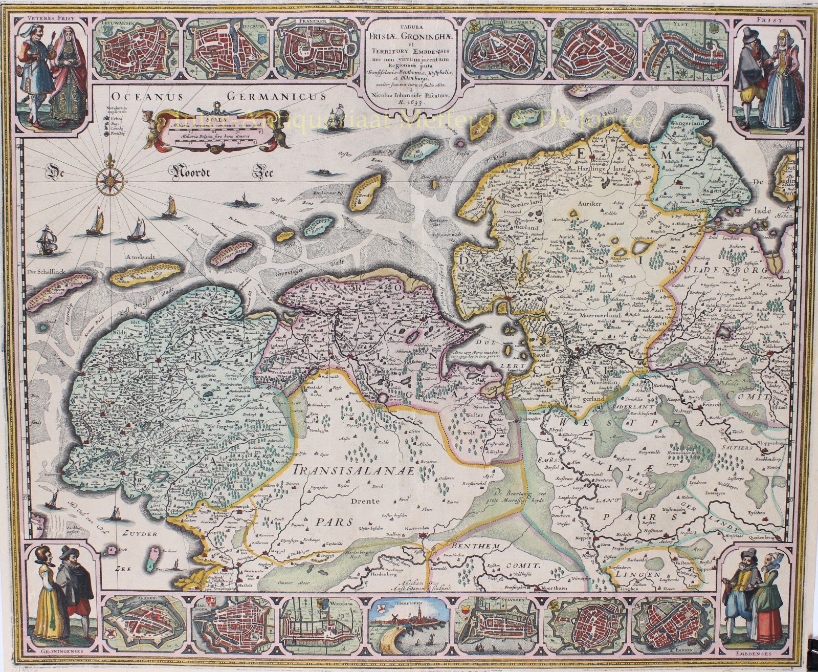vegetarisch markt Elegantie oude kaart van Friesland en Groningen antieke gravure 17e-eeuw
