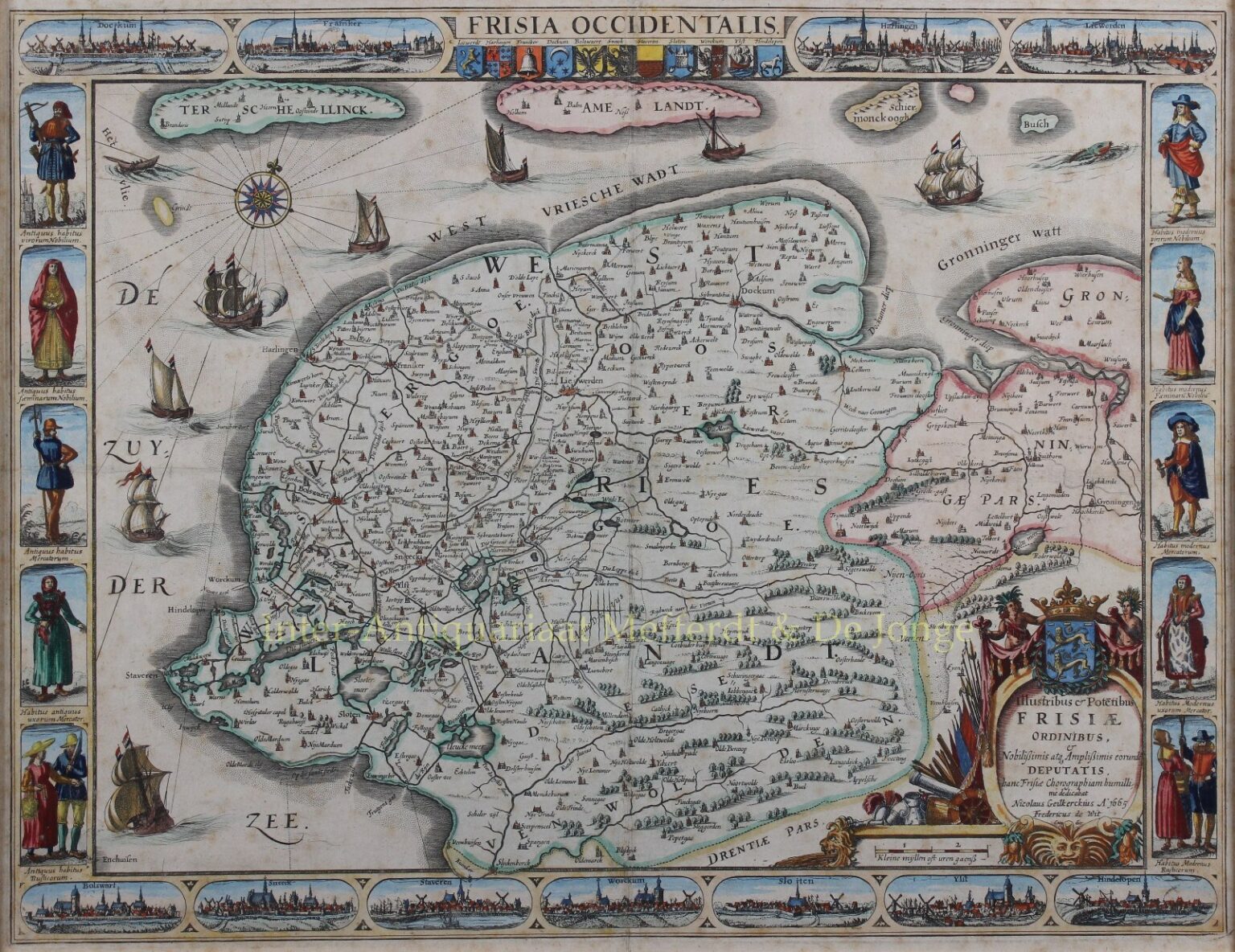 Oude Kaart Friesland Originele Gravure Antieke Prent Gouden Eeuw