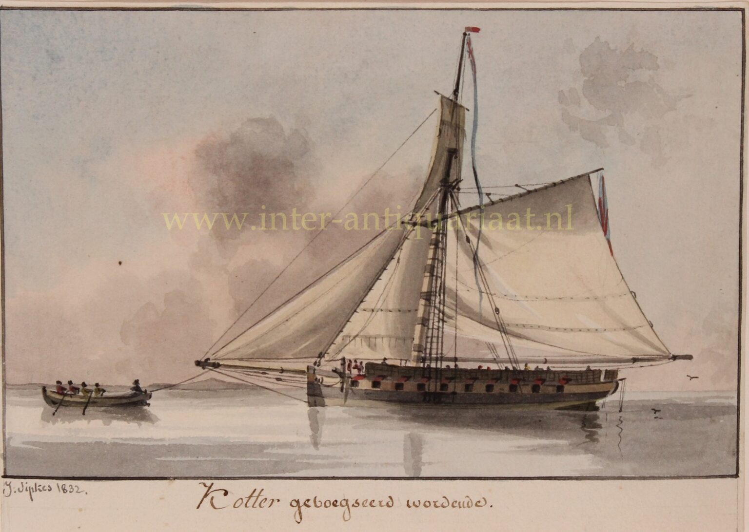 Kotter Zeilschip Originele Tekening Aquarel 19de Eeuw Geschiedenis