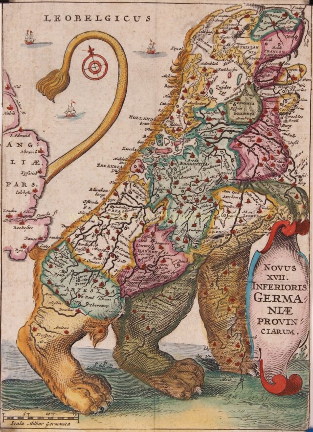 17e-eeuwse kaart van de XVII Provinciën in de vorm van een leeuw