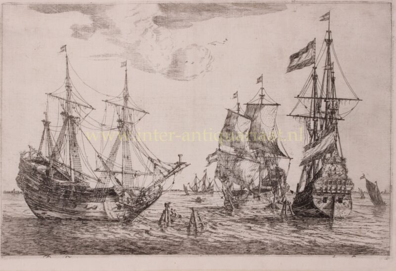 Drie afgemeerde zeilschepen – Reinier Nooms (Zeeman), ca. 1665