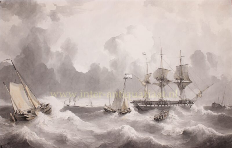 Schepen op woelige zee – Johannes Christianus Schotel (1787-1838)