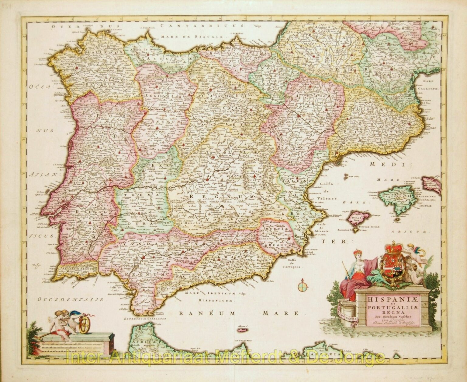 oude kaart Spanje en Portugal originele gravure 17e-eeuw