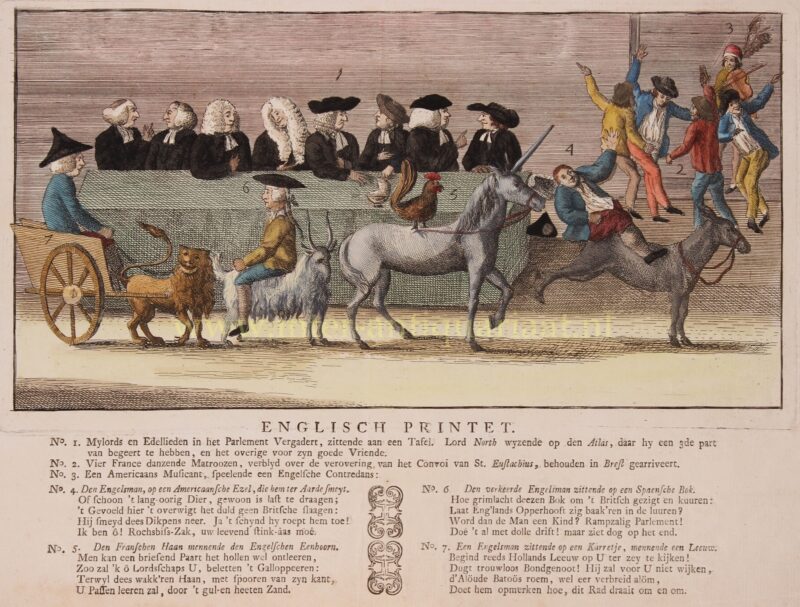 Spotprent aanloop Amerikaanse Onafhankelijkheidsoorlog – anoniem, 1781