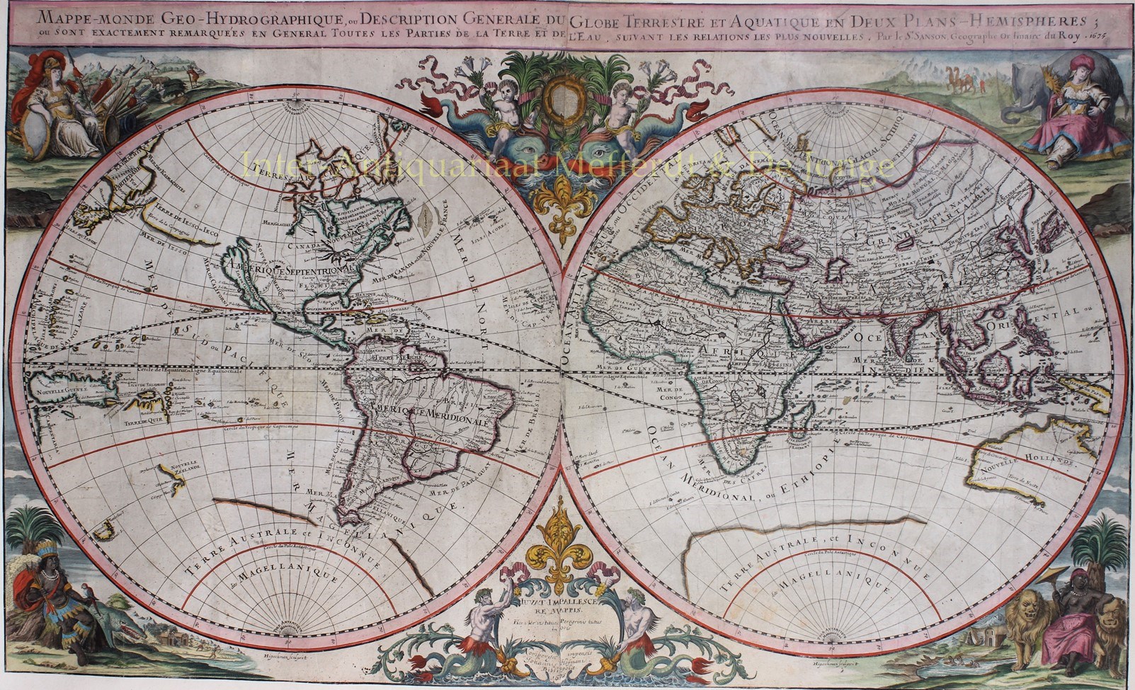 Verzoekschrift stapel Lezen Grote antieke wereldkaart | Originele kopergravure antieke prent 17e-eeuw