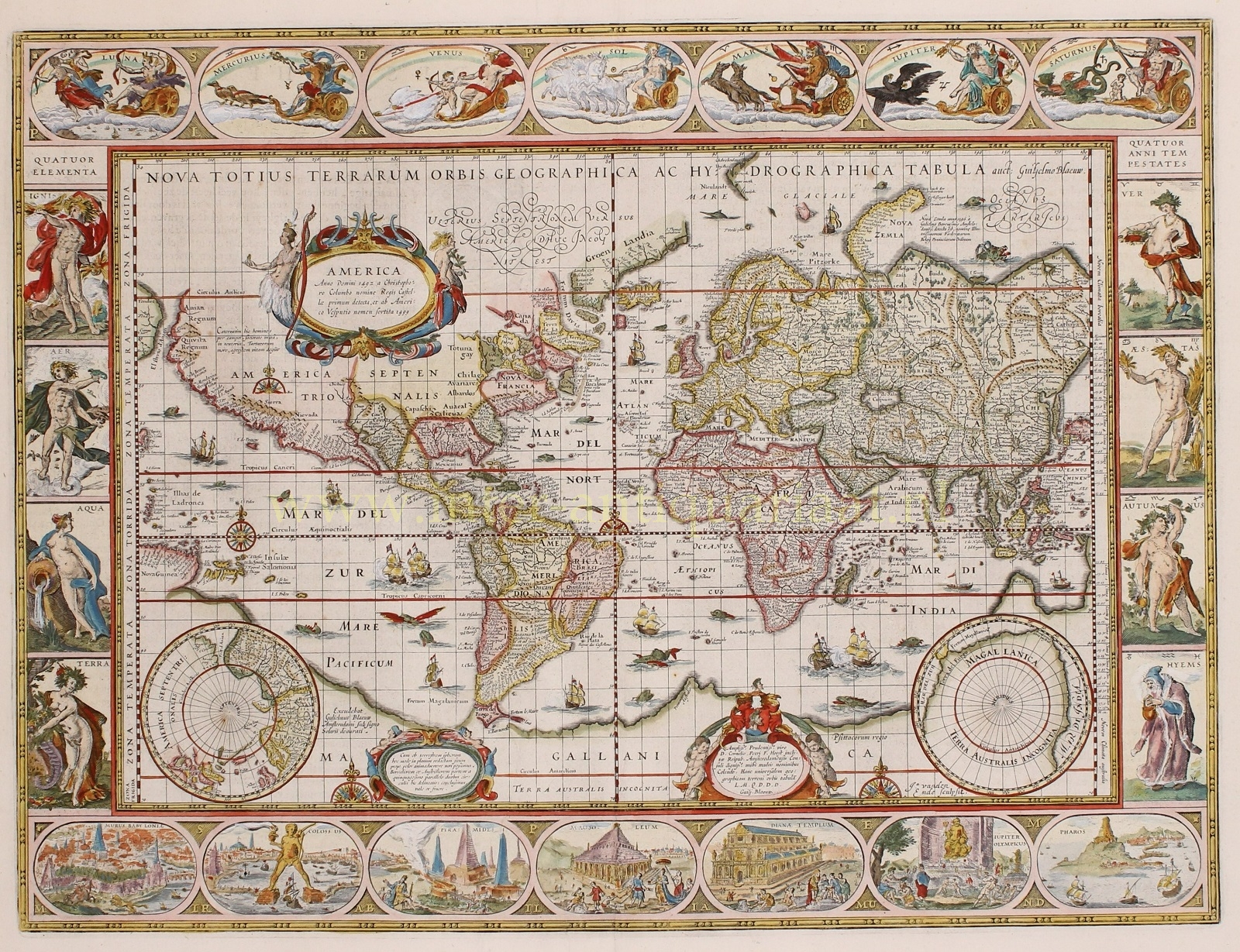 Er is behoefte aan streng tack oude wereldkaart Blaeu 17e eeuw originele gravure Willem Blaeu