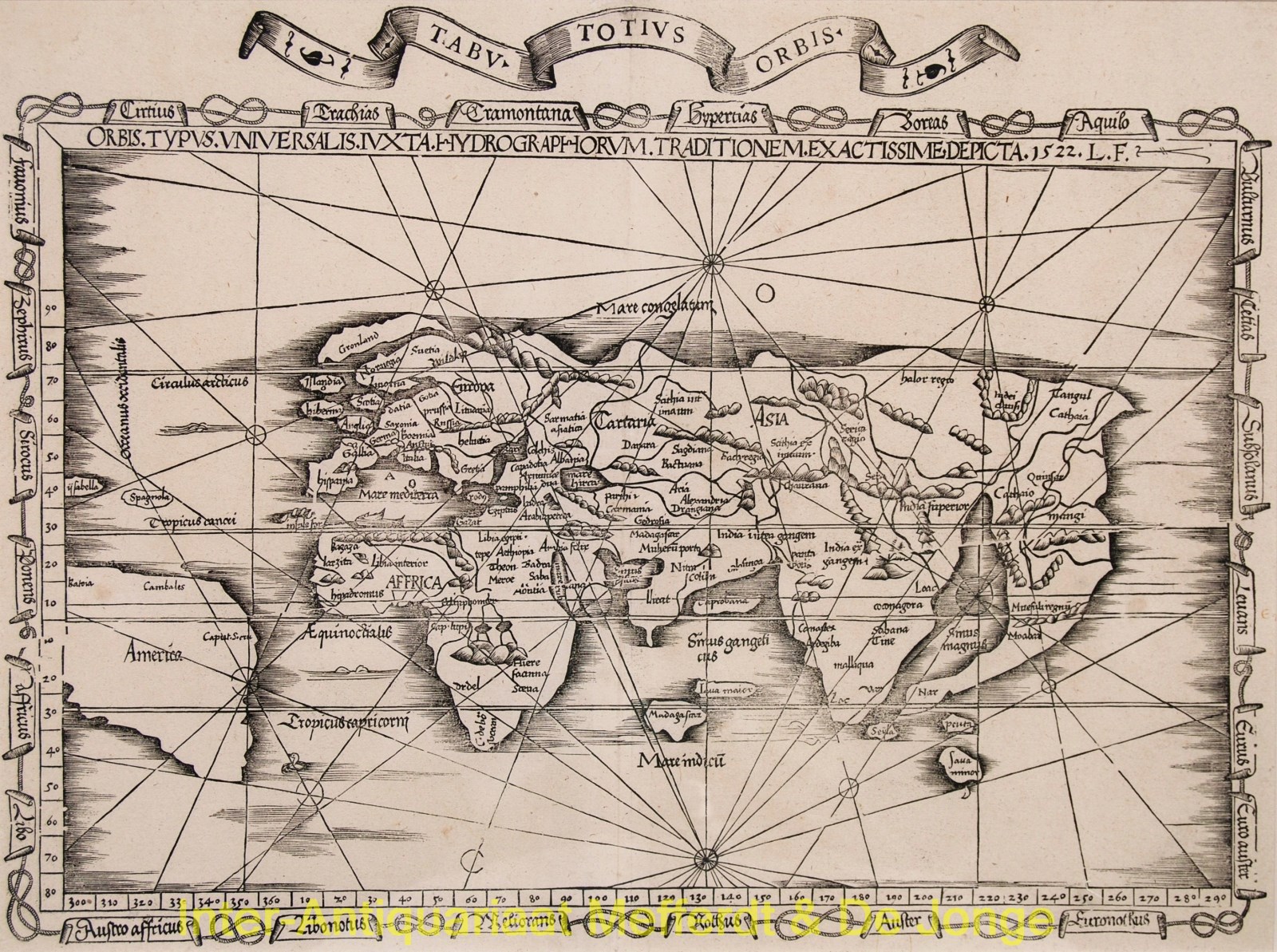 Ham Afleiden Ooit oude wereldkaart 16e-eeuw originele houtsnede antieke prent cartografie