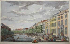 originele gravure ven de AMsterdamse Gouden Bocht aan de Herengracht vervaardigd door Hendrik de Leth rond 1730
