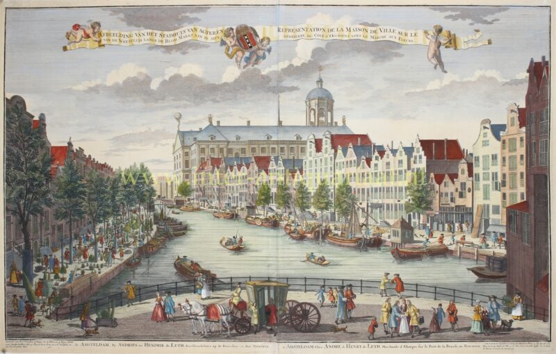 Antieke prent van de Nieuwezijds Voorburgwal in Amsterdam met bloemenmarkt en stadhuis, Hendrik de Leth, ca. 1725