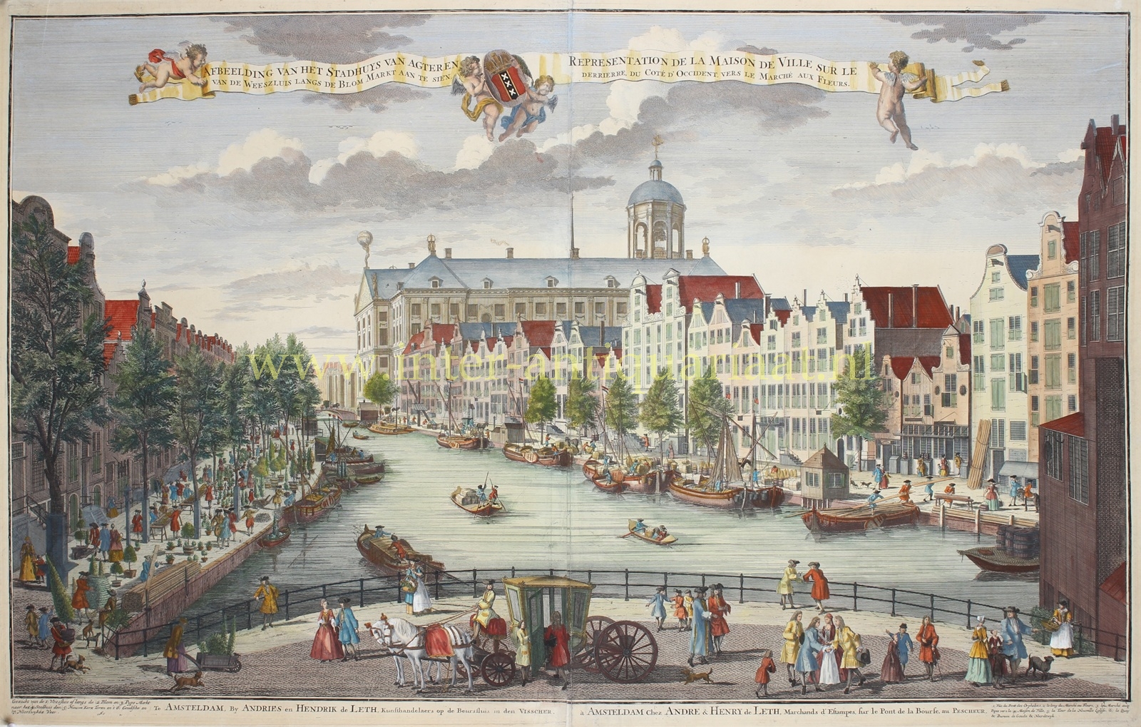 Antieke prent van de Nieuwezijds Voorburgwal in Amsterdam met bloemenmarkt en stadhuis, Hendrik de Leth, ca. 1725
