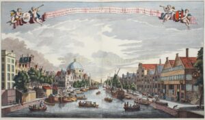 Antieke prent van het Singel in Amsterdam met de Ronde Lutherse Kerk en Jan Roodenpoortstoren, ca.