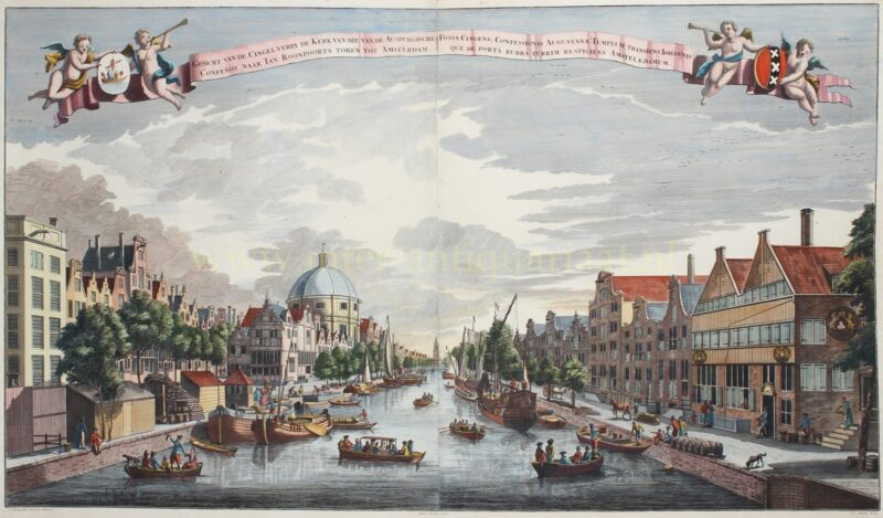 Antieke prent van het Singel in Amsterdam met de Ronde Lutherse Kerk en Jan Roodenpoortstoren, ca.