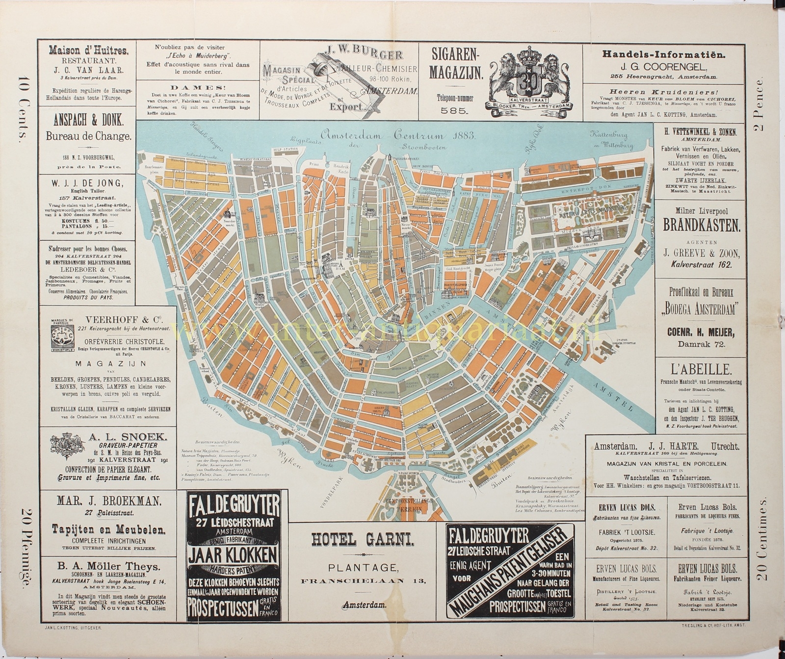Kleurenlithografie van Amsterdam Centrum uit 1883, uitgegeven voor bezoekers van de Wereldtentoonstelling, met advertenties rondom de kaart.