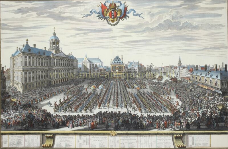 17e-eeuwse parade van de Amsterdamse schutterij op de Dam, originele ets uit 1686 vervaardigd door Daniel Marot