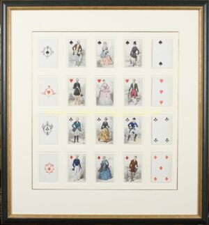 Antiek Frans kaartspel uit circa 1850 met twintig ingelijste, handgekleurde modeprenten van elegante Parijse dames en heren.