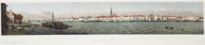 Antieke prent van Antwerpen, panorama vanaf het Vlaams Hoofd met de Schelde, stoomboot en Onze-Lieve-Vrouwekathedraal