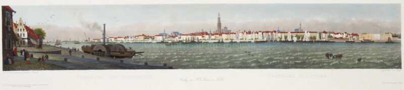 Antieke prent van Antwerpen, panorama vanaf het Vlaams Hoofd met de Schelde, stoomboot en Onze-Lieve-Vrouwekathedraal
