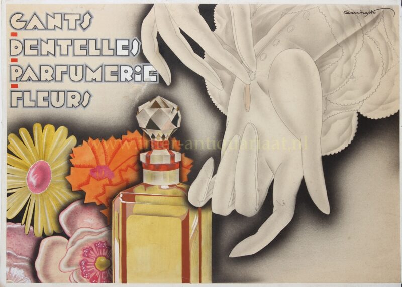 Art Deco reclameontwerp voor handschoenen, kant, parfumerie en bloemen door Cecchetto, ca. 1930