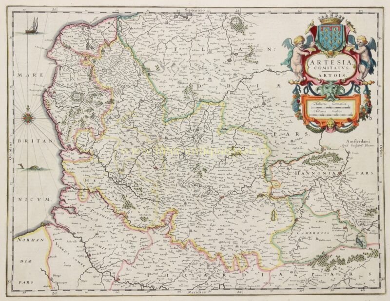 Antieke handgekleurde kaart van Artesië (Artois) en Noord-Frankrijk, uitgegeven door Blaeu in 1635