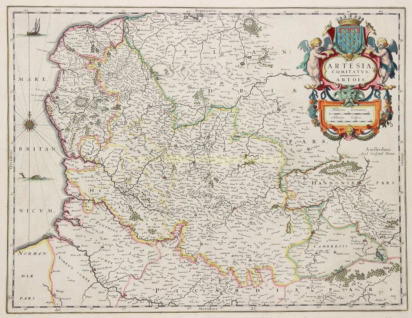 Antieke handgekleurde kaart van Artesië (Artois) en Noord-Frankrijk, uitgegeven door Blaeu in 1635