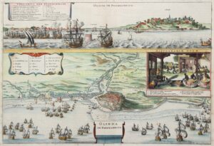 Ets van Olinda, Povo en Recife tijdens de Hollandse verovering van Pernambuco, door Wenceslaus Hollar, uitgegeven door Johannes Janssonius in 1657.