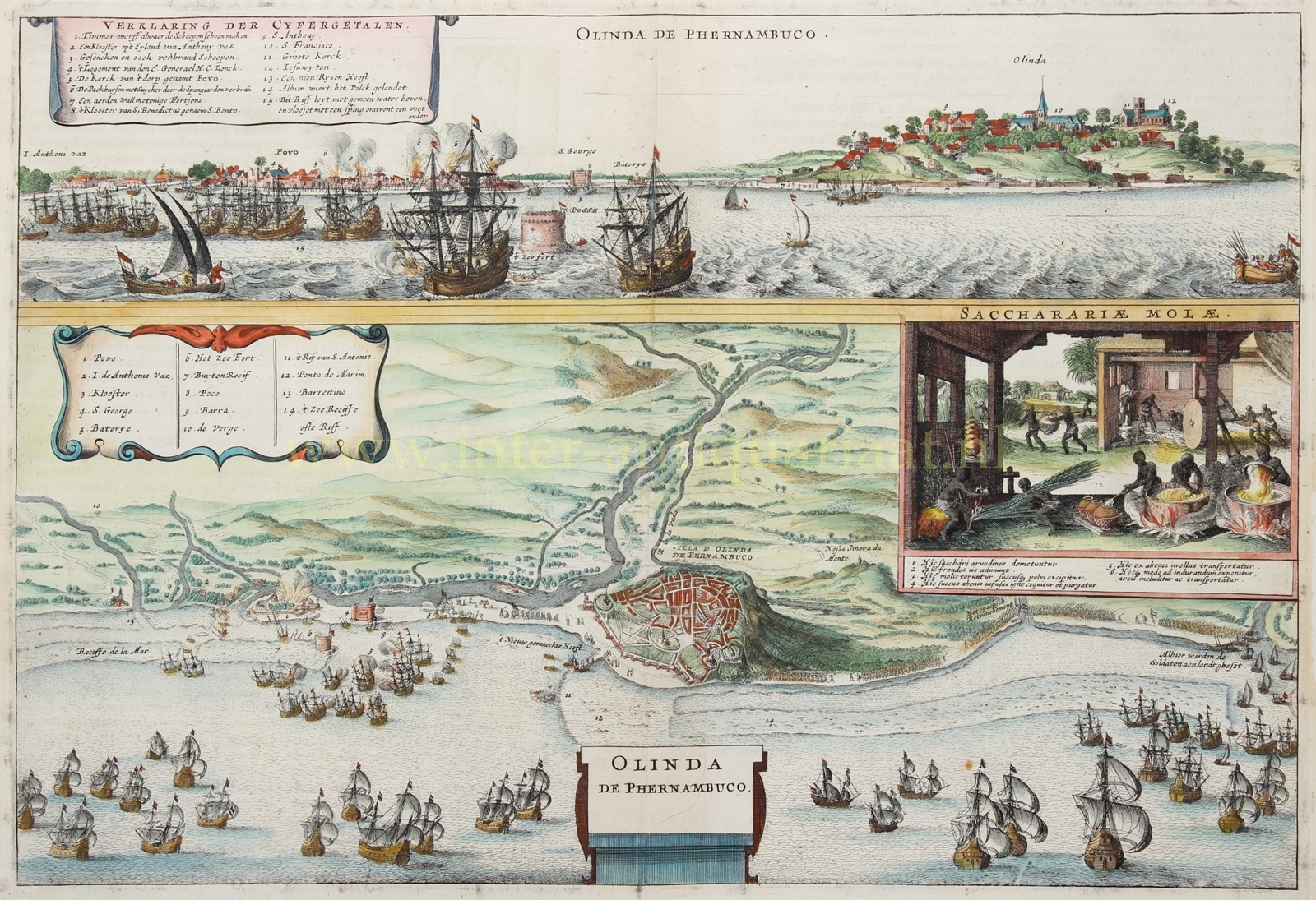 Ets van Olinda, Povo en Recife tijdens de Hollandse verovering van Pernambuco, door Wenceslaus Hollar, uitgegeven door Johannes Janssonius in 1657.