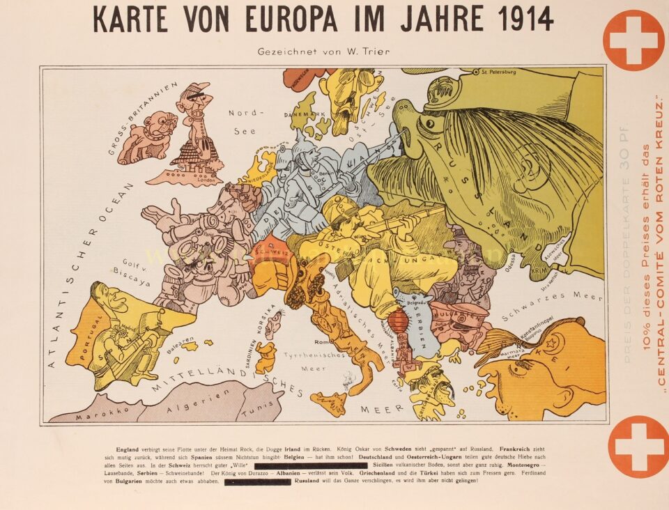 cartoon kaart Europa propaganda Eerste Wereldoorlog litho