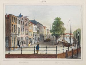 Oude handgekleurde prent van de Botermarkt en Koornbrug in Leiden, ca. 1840