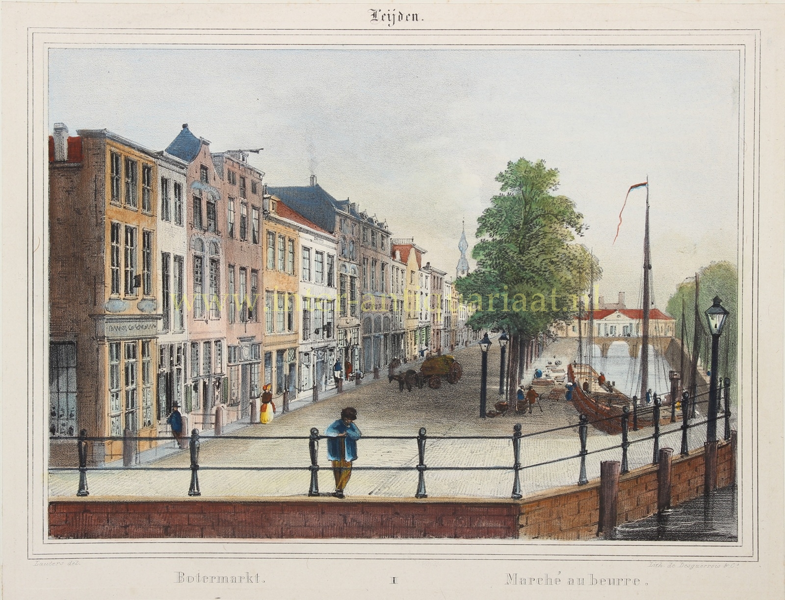Oude handgekleurde prent van de Botermarkt en Koornbrug in Leiden, ca. 1840