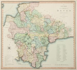Handgekleurde kopergravure van Devon door Charles Smith uit 1801, met honderden, wegen, Dartmoor, Exmoor en de kustlijn.
