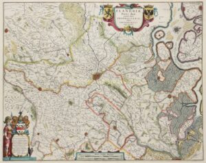Antieke handgekleurde kaart van Gent, Oost-Vlaanderen, het Waasland en Zeeuws-Vlaanderen, uitgegeven door Willem en Joan Blaeu omstreeks 1643.